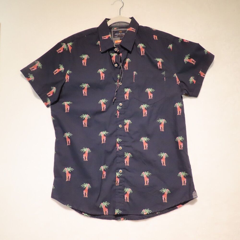 Nickel & Iron Mens Small Giraffe Palm Tree Short Sleeve Button Front Shirt NWOT